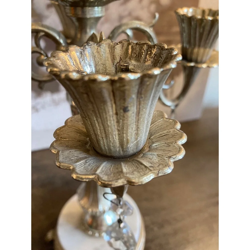 Vintage Ornate 5 Light Candelabra White Marble Base Crystal Prism Champagne Gold